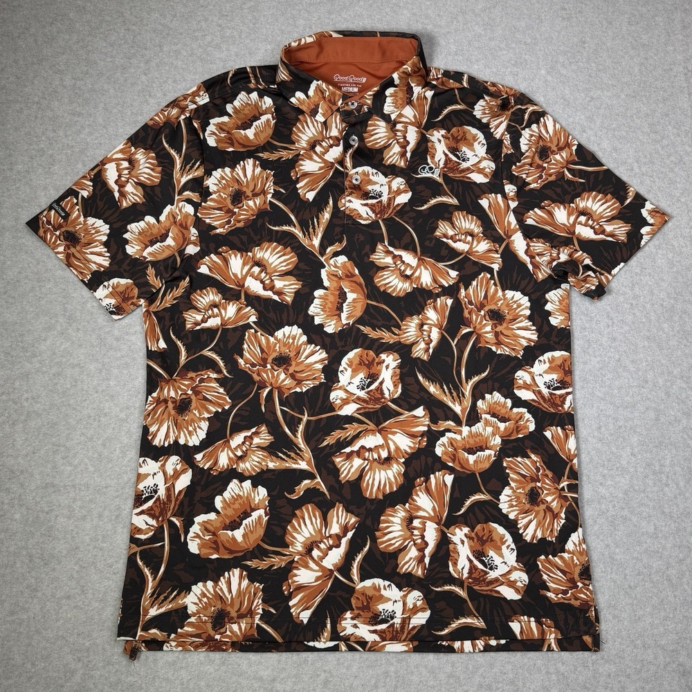 Good Good Par Good Big Bloom Men's Medium Golf Polo Shirt Floral Print Brown AOP